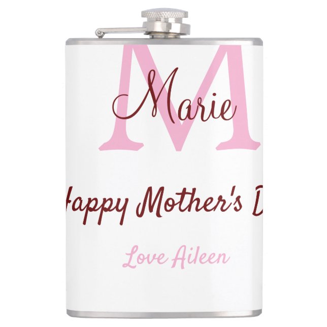 simple minimal mother's day monogram pink name tex hip flask (Front)