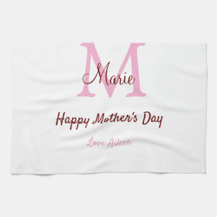 simple minimal mother's day monogram pink name tex kitchen towel