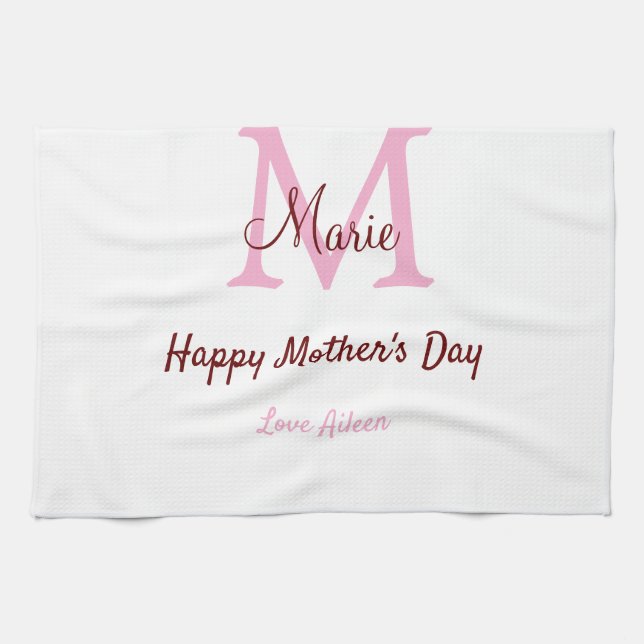 simple minimal mother's day monogram pink name tex kitchen towel (Horizontal)