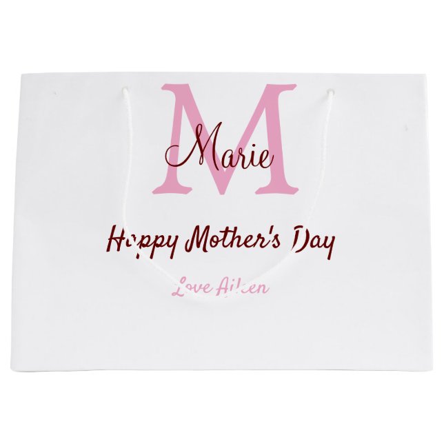 simple minimal mother's day monogram pink name tex large gift bag (Front)