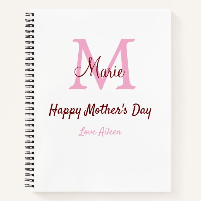 simple minimal mother's day monogram pink name tex notebook (Front)