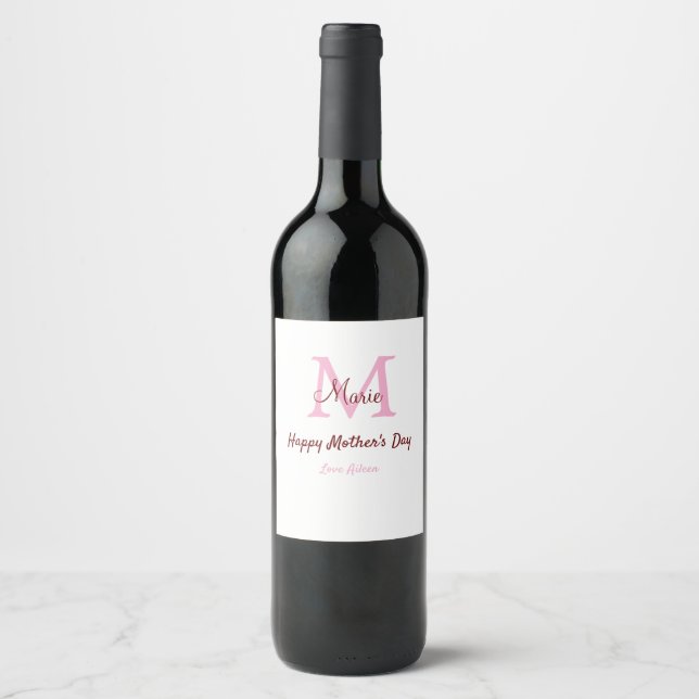 simple minimal mother's day monogram pink name tex wine label (Front)