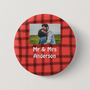Simple minimal mr and mrs add your name photo red 2 inch round button