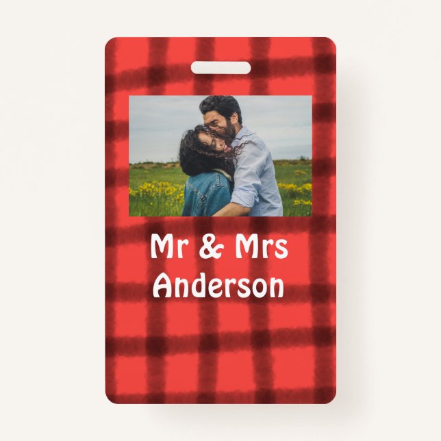 Simple minimal mr and mrs add your name photo red  badge (Front)