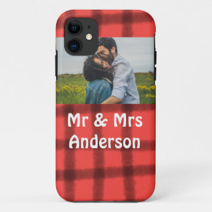 Simple minimal mr and mrs add your name photo red iPhone 11 case