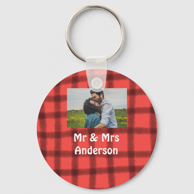 Simple minimal mr and mrs add your name photo red  keychain (Front)