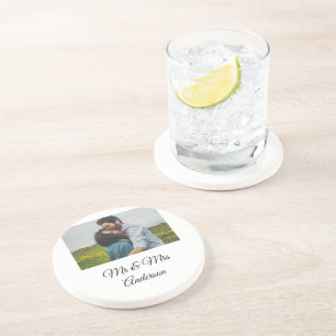 Simple minimal mr and mrs add your name photo wedd coaster
