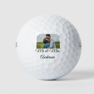 Simple minimal mr and mrs add your name photo wedd golf balls