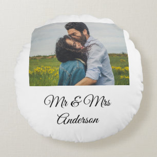 Simple minimal mr and mrs add your name photo wedd round pillow