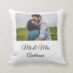 Simple minimal mr and mrs add your name photo wedd throw pillow