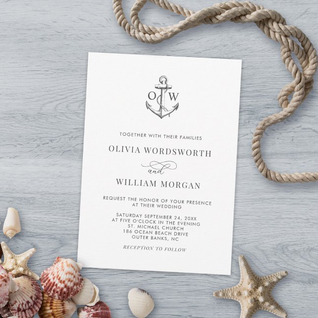 Simple Minimal Nautical Anchor Monogram Wedding Invitation (Creator Uploaded)