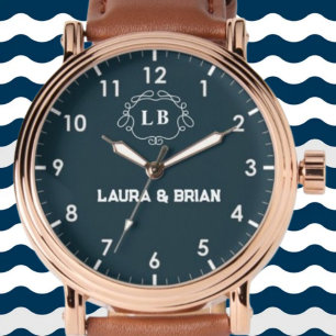 Simple Minimal navy blue Couple name Monogram Watch