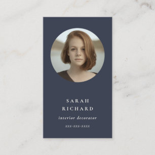 Simple Minimal Navy Blue Professional Custom Photo Business Card