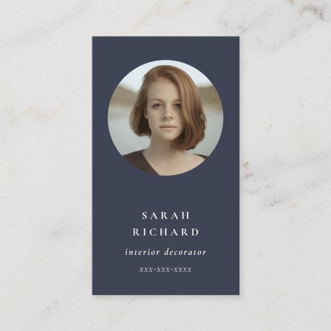 Simple Minimal Navy Blue Professional Custom Photo Business Card (Front)