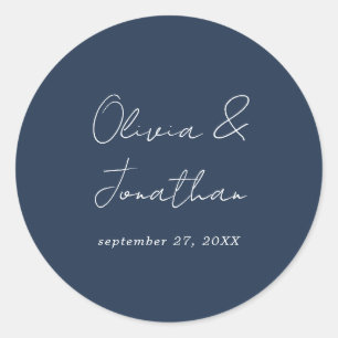 Simple Minimal Navy Blue Script Wedding Classic Round Sticker