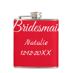 Simple minimal pink bridesmaid add name year text  hip flask