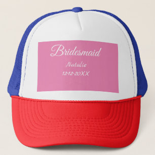 Simple minimal pink bridesmaid add name year text trucker hat