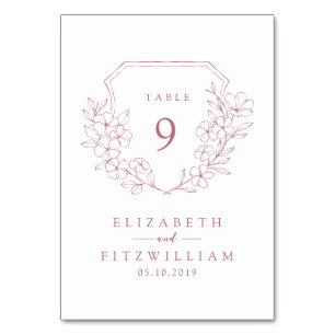 Simple Minimal Pink Cherry Blossom Monogram Crest Table Number