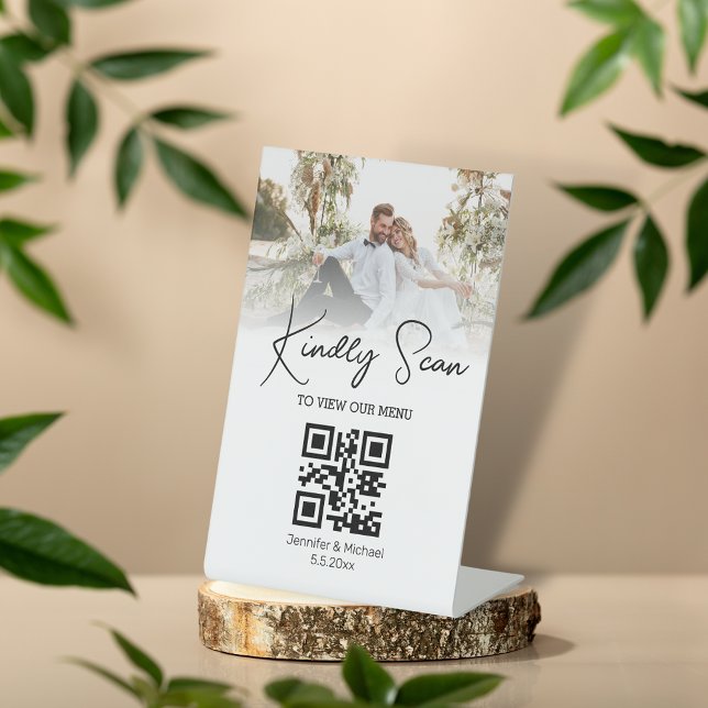 simple minimal  qr code wedding photo menu pedestal sign (Creator Uploaded)
