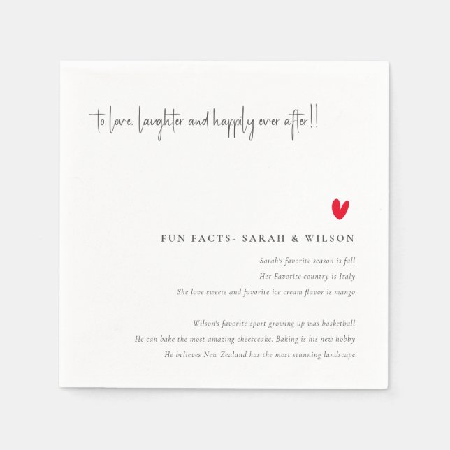Simple Minimal Red Heart Script Wedding Fun Facts Napkin (Front)