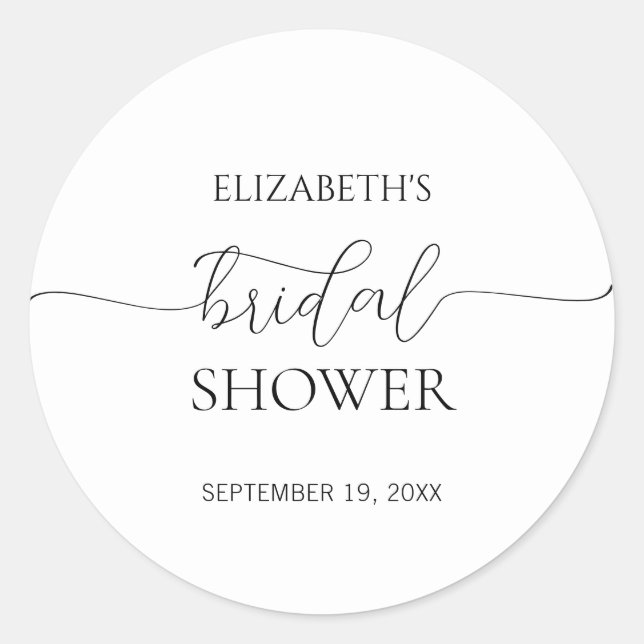 Simple Minimal Script Black & White Bridal Shower Classic Round Sticker (Front)