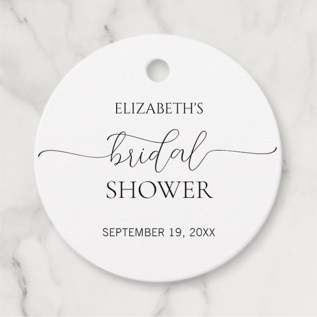 Simple Minimal Script Black & White Bridal Shower Favour Tags (Front)