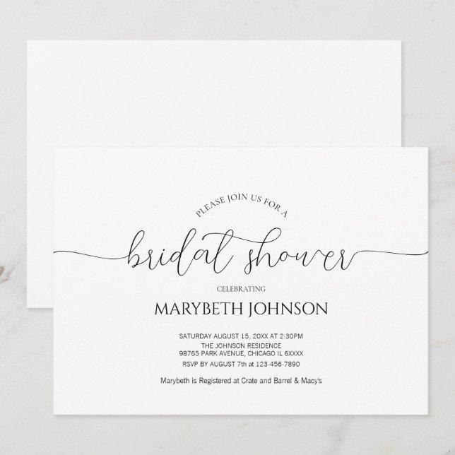 Simple Minimal Script Black & White Bridal Shower Invitation (Front/Back)