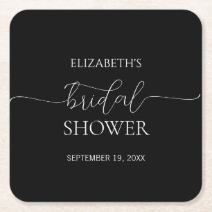 Simple Minimal Script Black & White Bridal Shower Square Paper Coaster