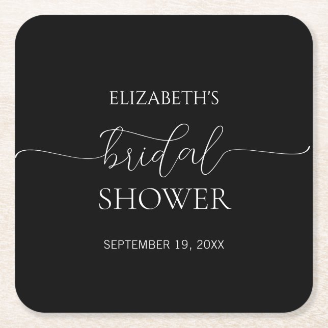 Simple Minimal Script Black & White Bridal Shower Square Paper Coaster (Front)