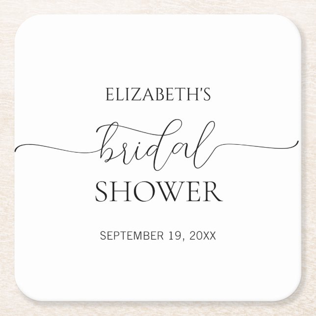 Simple Minimal Script Black & White Bridal Shower Square Paper Coaster (Front)