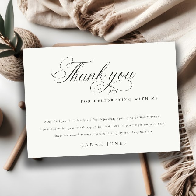 Simple Minimal Script Black White Bridal Shower Thank You Card (Creator Uploaded)