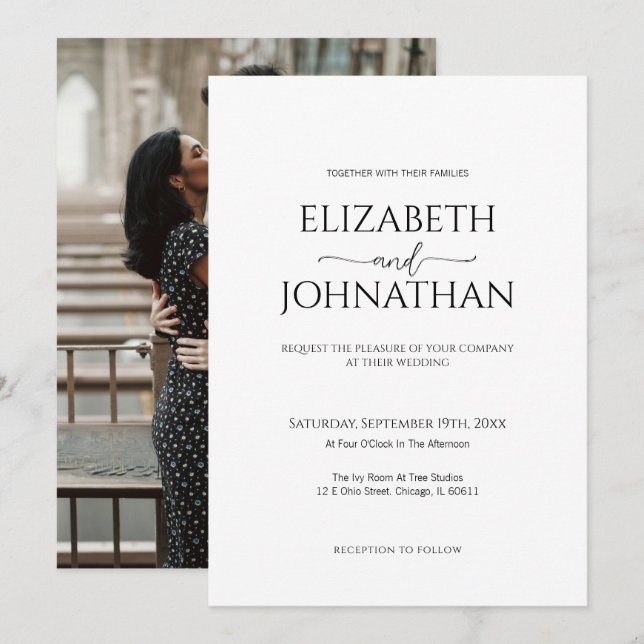Simple Minimal Script Black & White Photo Wedding Invitation (Front/Back)