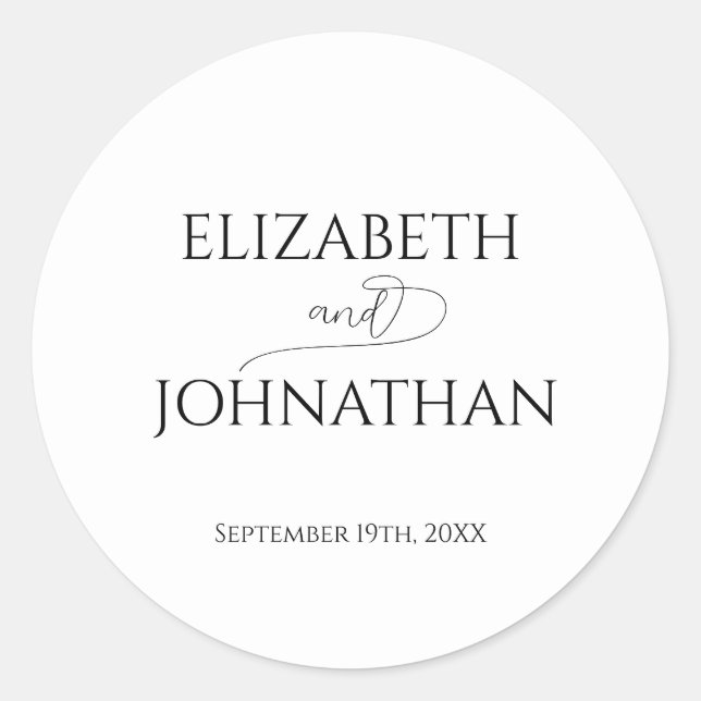 Simple Minimal Script Black & White Wedding Classic Round Sticker (Front)