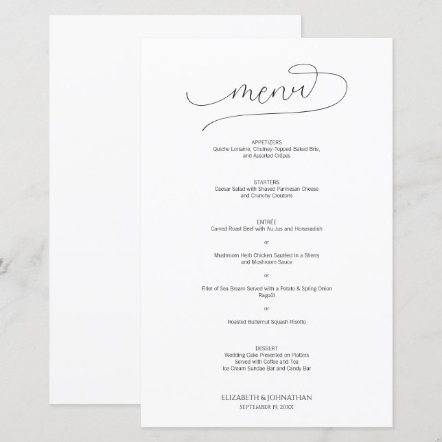 Simple Minimal Script Black & White Wedding Menu (Front/Back)