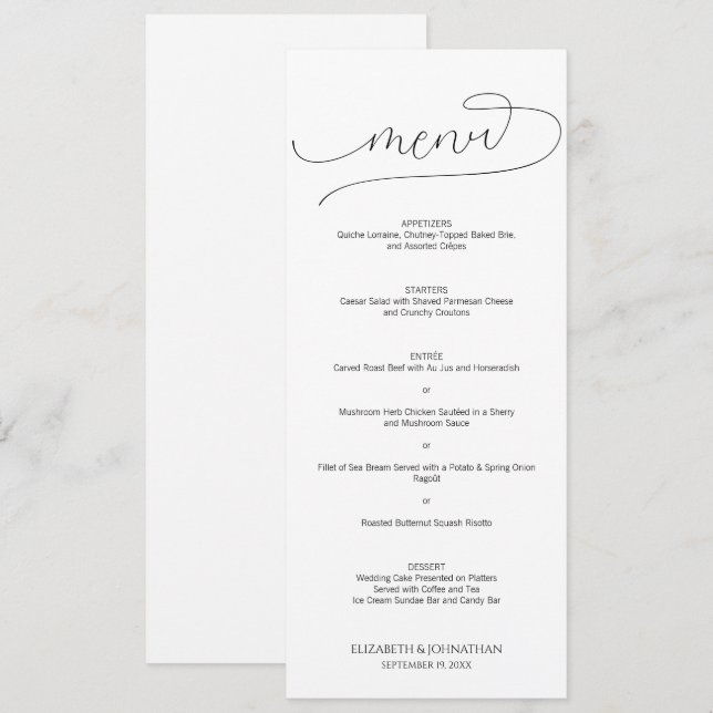 Simple Minimal Script Black & White Wedding Menu (Front/Back)