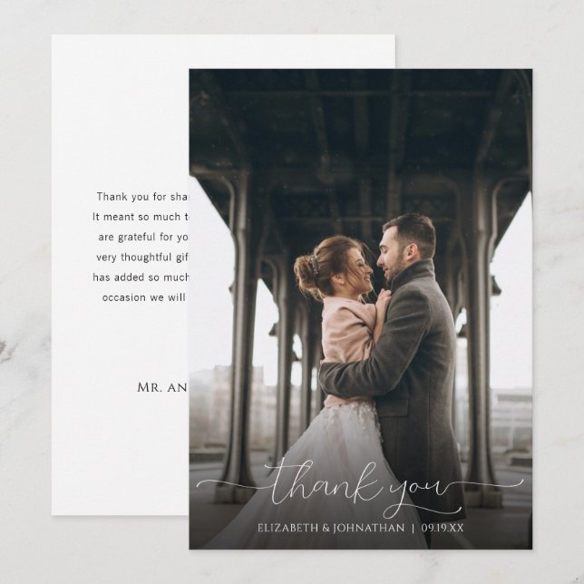 Simple Minimal Script Black & White Wedding Photo Thank You Card (Front/Back)