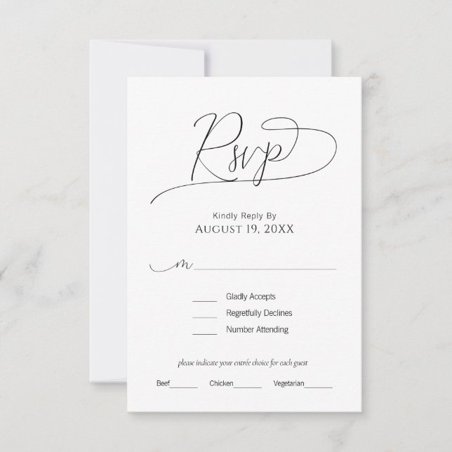 Simple Minimal Script Black & White Wedding RSVP  Card (Front)