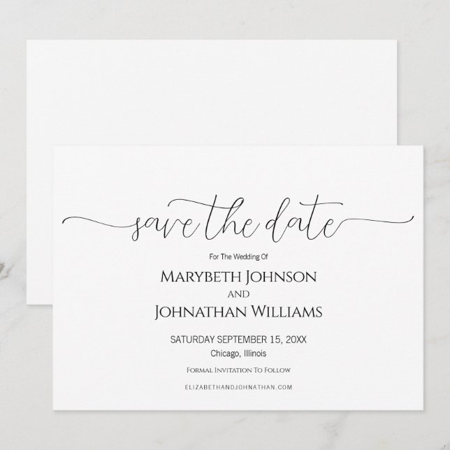 Simple Minimal Script Black & White Wedding Save The Date (Front/Back)