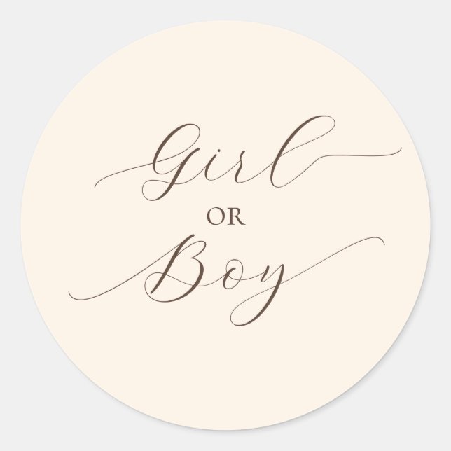 Simple Minimal Script Gender Reveal Party Beige Classic Round Sticker (Front)