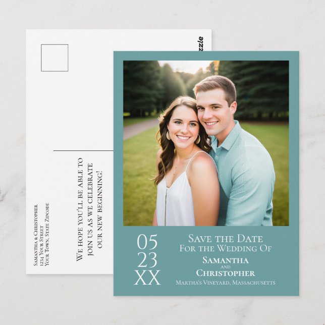 Simple Minimal Teal Wedding Save the Date Photo Postcard (Front/Back)