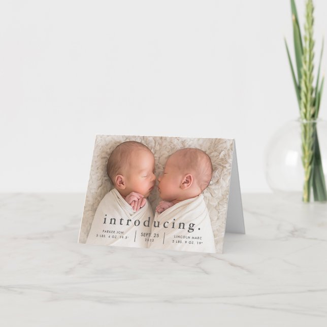 Simple Minimal Twin Photo Birth Announcement (Front)