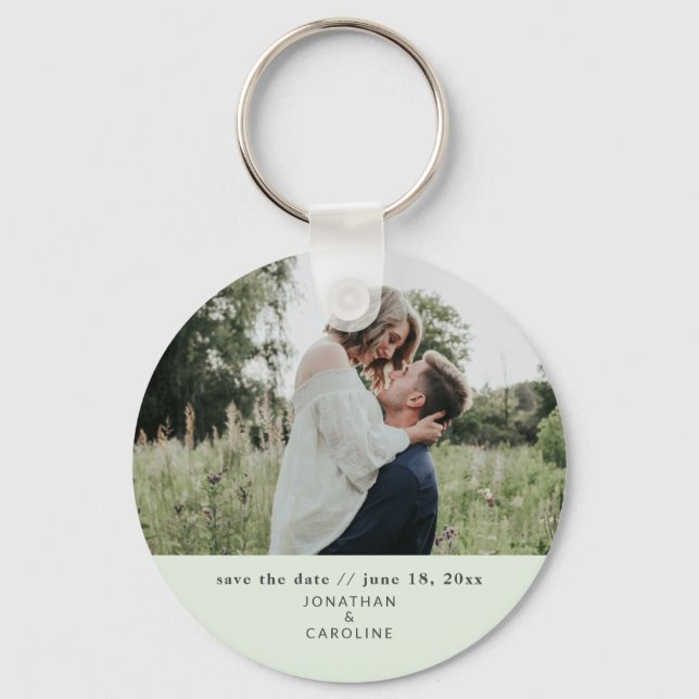Simple Minimal Wedding Save the Date Photo Green Keychain (Front)