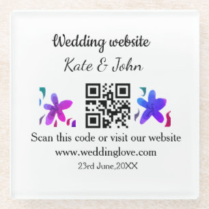 Simple minimal wedding website Q R code add name y Glass Coaster