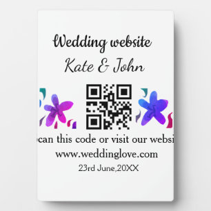 Simple minimal wedding website Q R code add name y Plaque