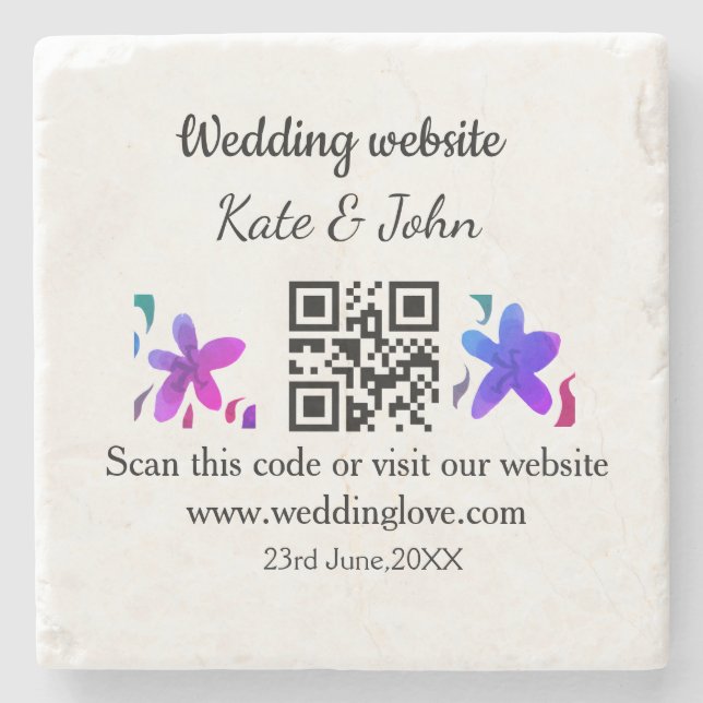 Simple minimal wedding website Q R code add name y Stone Coaster (Front)