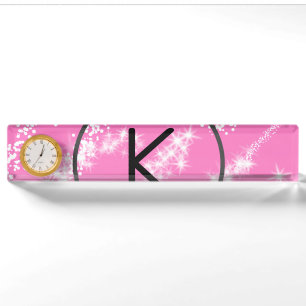 simple minimal white monogram pink glitter waterco nameplate