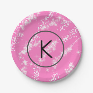 simple minimal white monogram pink glitter waterco paper plate