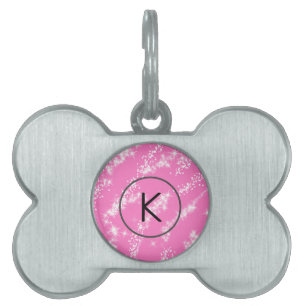 simple minimal white monogram pink glitter waterco pet ID tag