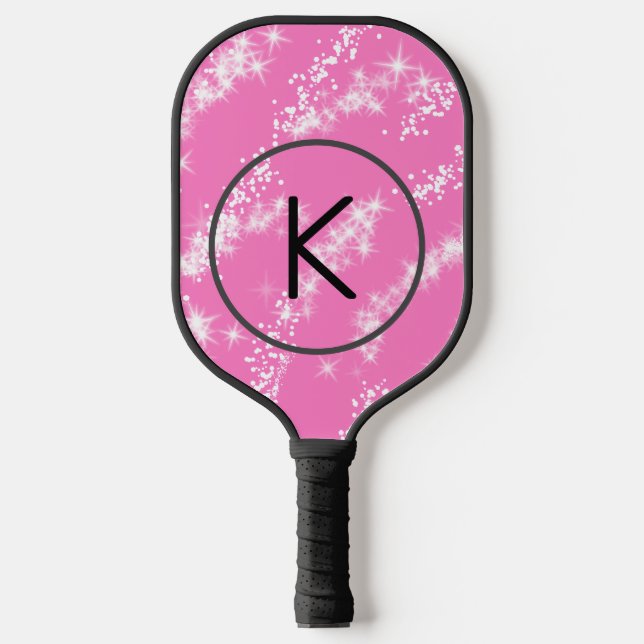 simple minimal white monogram pink glitter waterco pickleball paddle (Front)