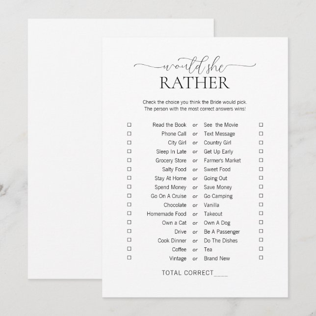 Simple Minimal Would She Rather Bridal Shower Game Invitation (Front/Back)